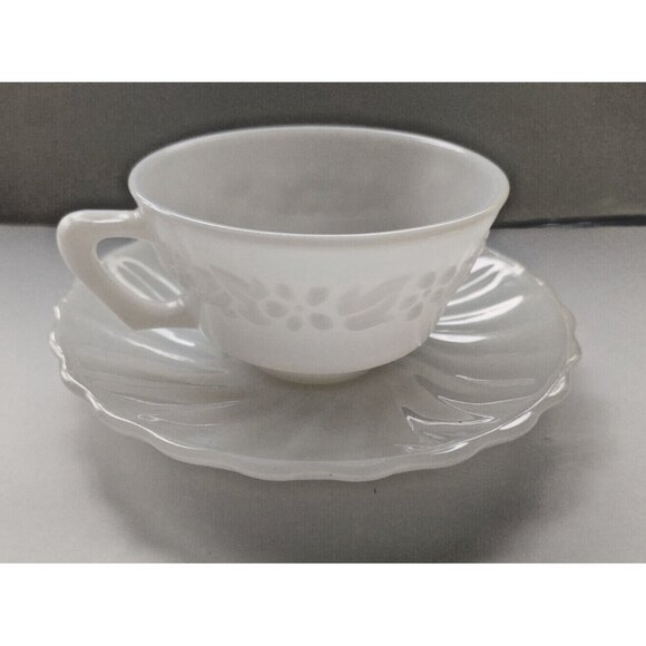 Vintage Anchor Hocking Vitrock Flower Embossed Milk Glass Tea Cup & Saucer  1935 - Picture 1 of 9